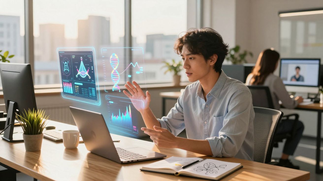 Pessoa interagindo com hologramas digitais de dados científicos em escritório moderno.