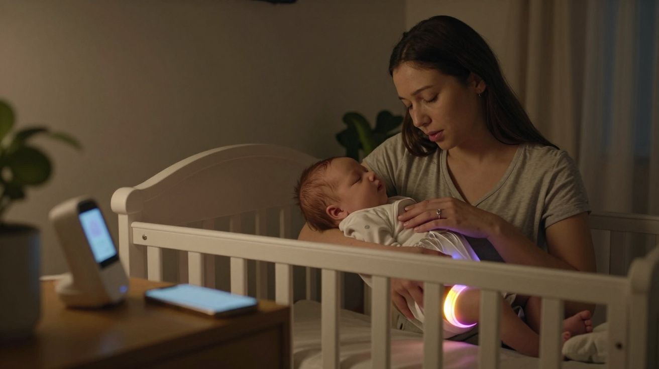 Mãe segurando e olhando carinhosamente para bebê dormindo no berço à noite, com luz suave ambiente.