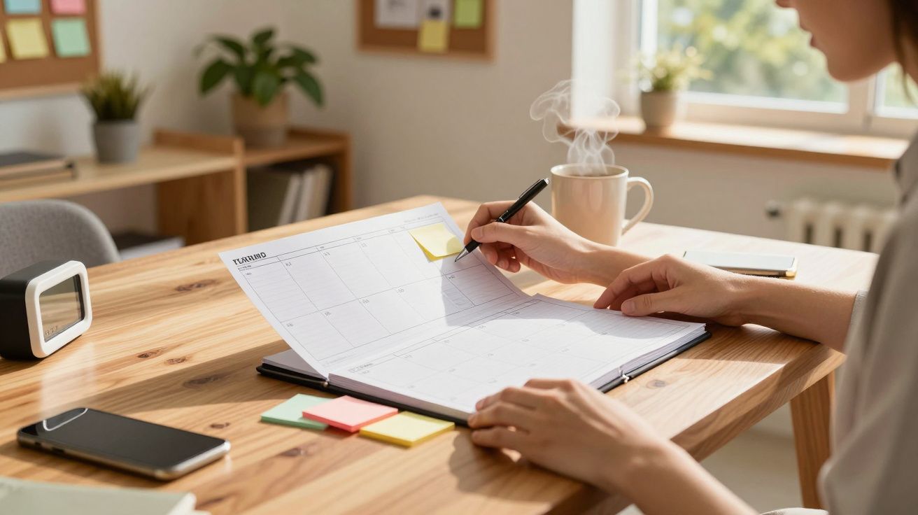 Pessoa escrevendo em agenda mensal sobre mesa de madeira com celular, xícara de café e post-its.
