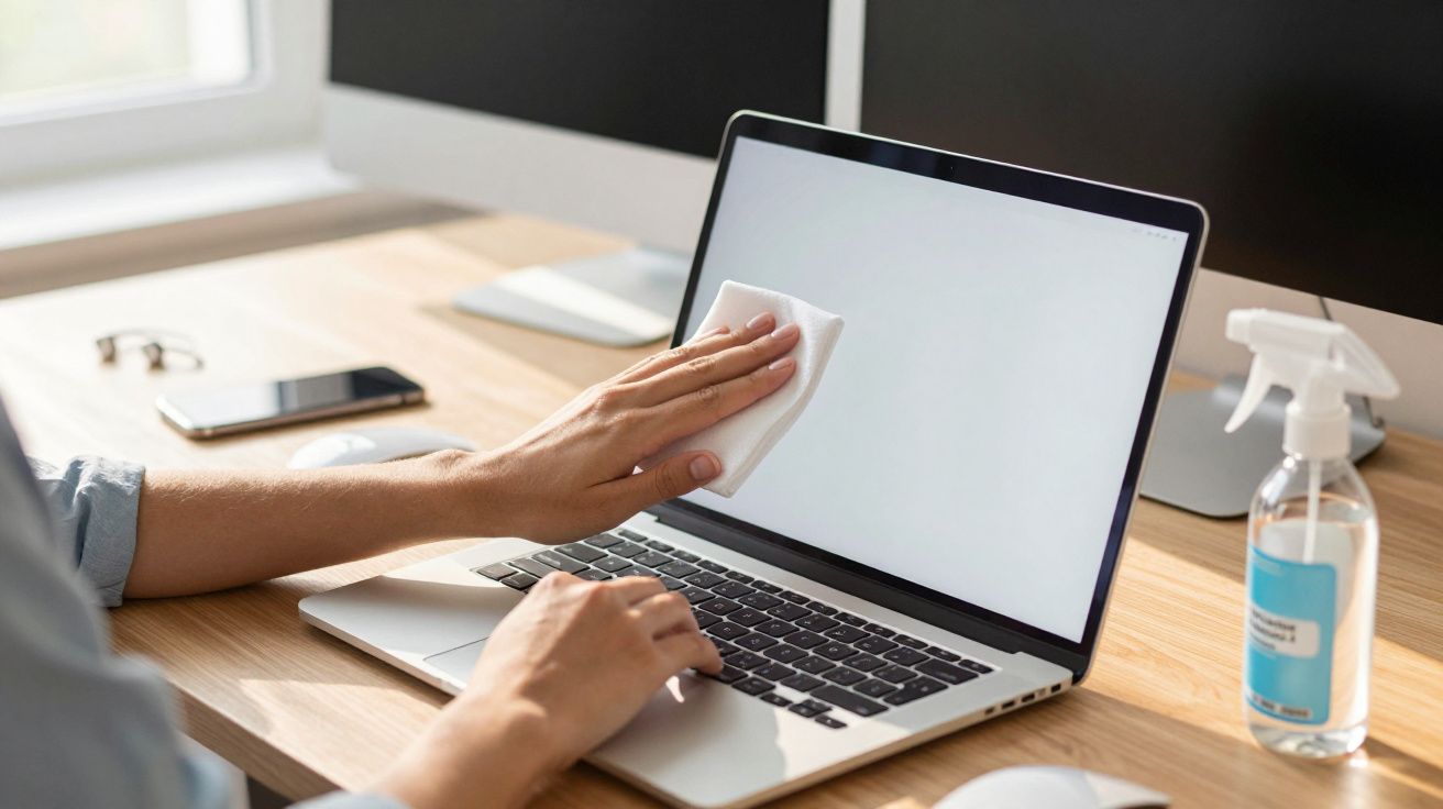 Pessoa limpando a tela de um laptop com um pano, ao lado de borrifador de limpeza em mesa de escritório.