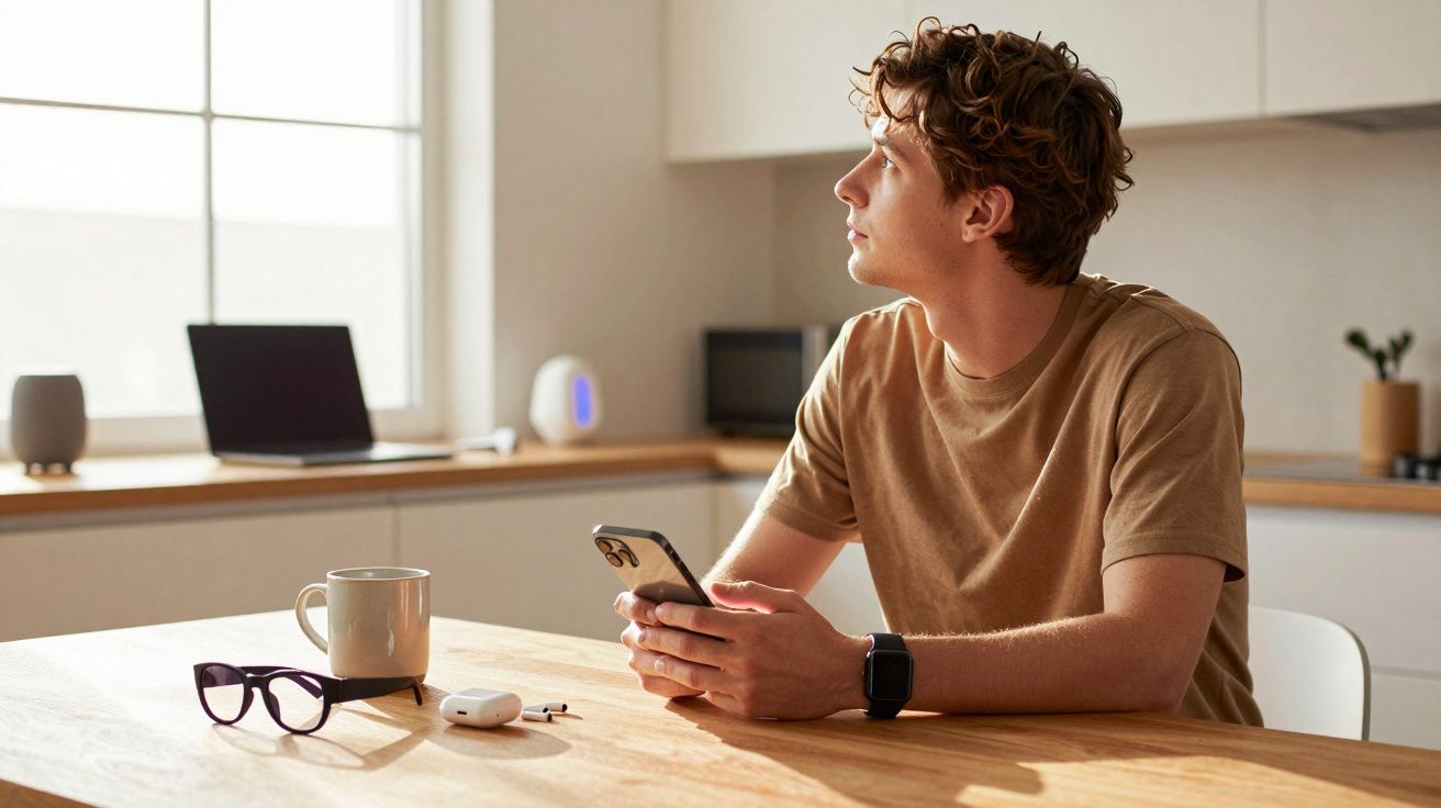Jovem sentado à mesa segurando celular, olhando para a janela em ambiente de cozinha iluminada.
