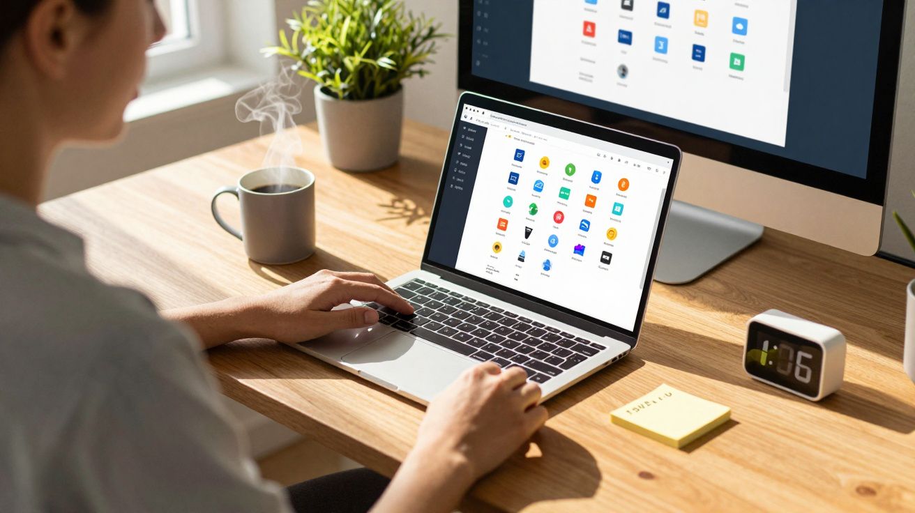 Pessoa usando laptop com interface colorida, em mesa de madeira com planta, xícara de café e relógio digital.