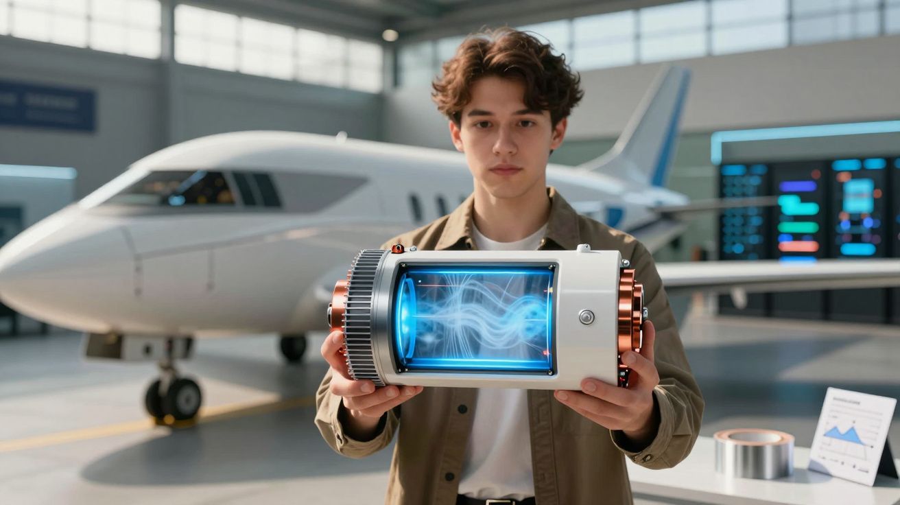 Jovem segura dispositivo tecnológico com luzes azuis, com avião em hangar ao fundo.