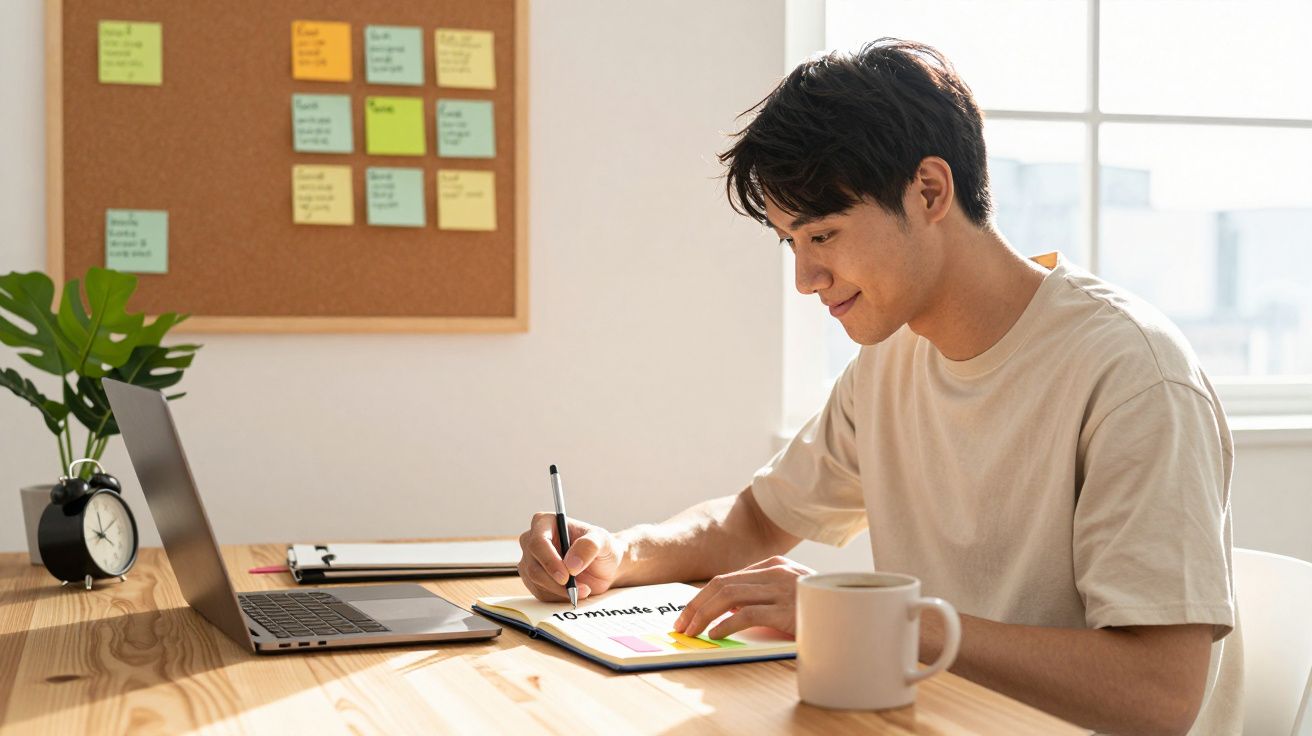 Homem jovem sorridente escrevendo em caderno ao lado de laptop, com parede e quadro de notas ao fundo.