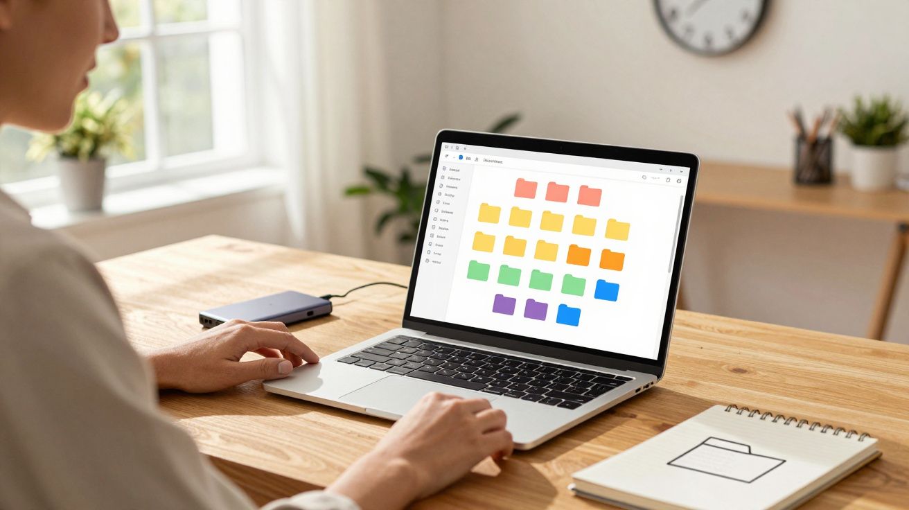 Pessoa em mesa usando notebook com pastas coloridas abertas e caderno com desenho de pasta ao lado.