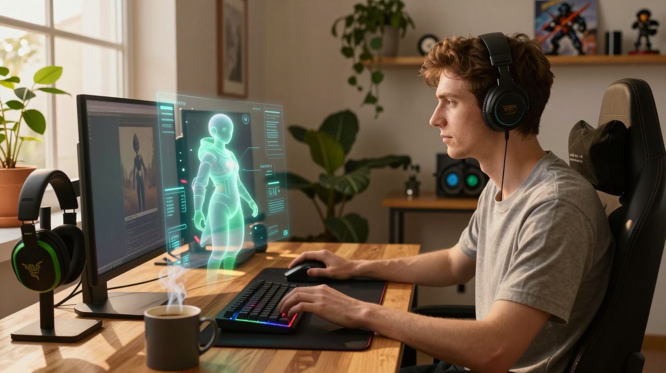 Jovem usando fones e computador com holograma 3D de personagem digital em ambiente de trabalho.