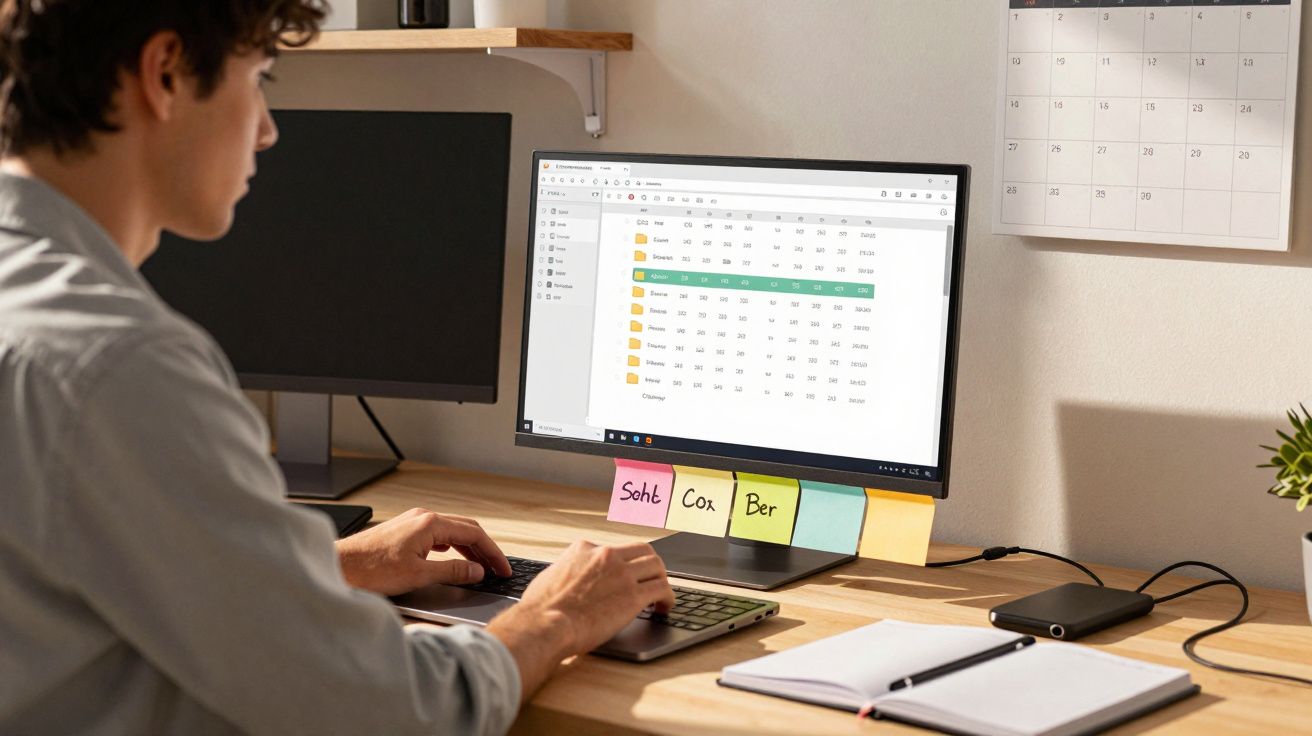 Pessoa trabalhando no computador com gráficos na tela e post-its coloridos na borda do monitor.