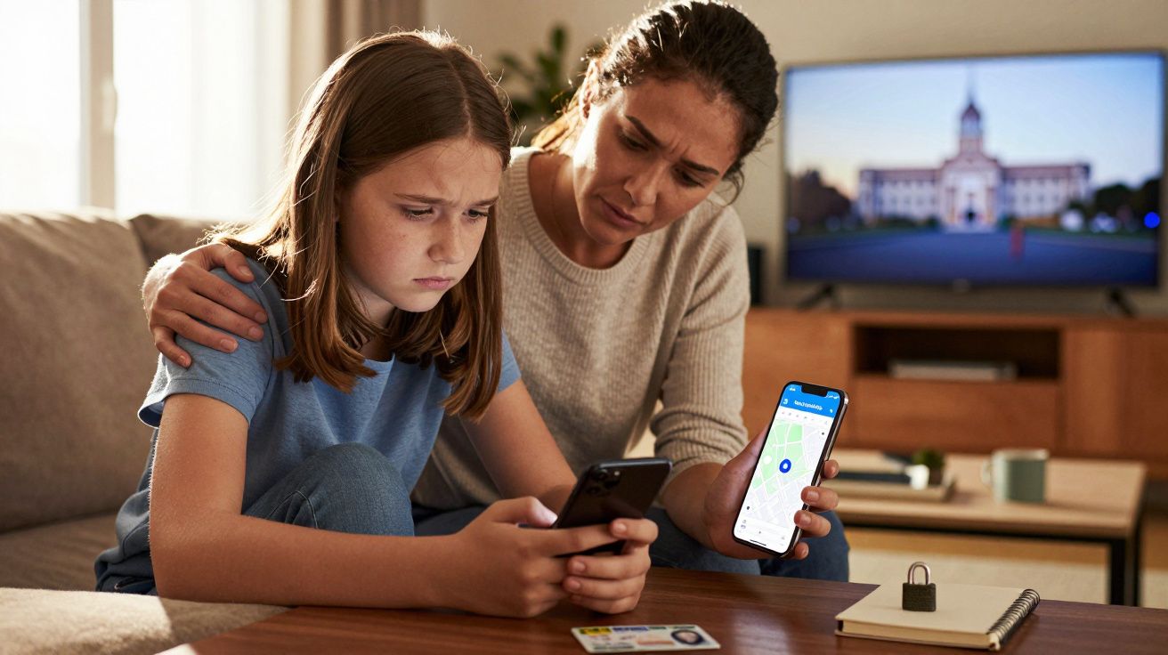 Mulher consola menina preocupada enquanto mostra localização no celular em sala de estar.