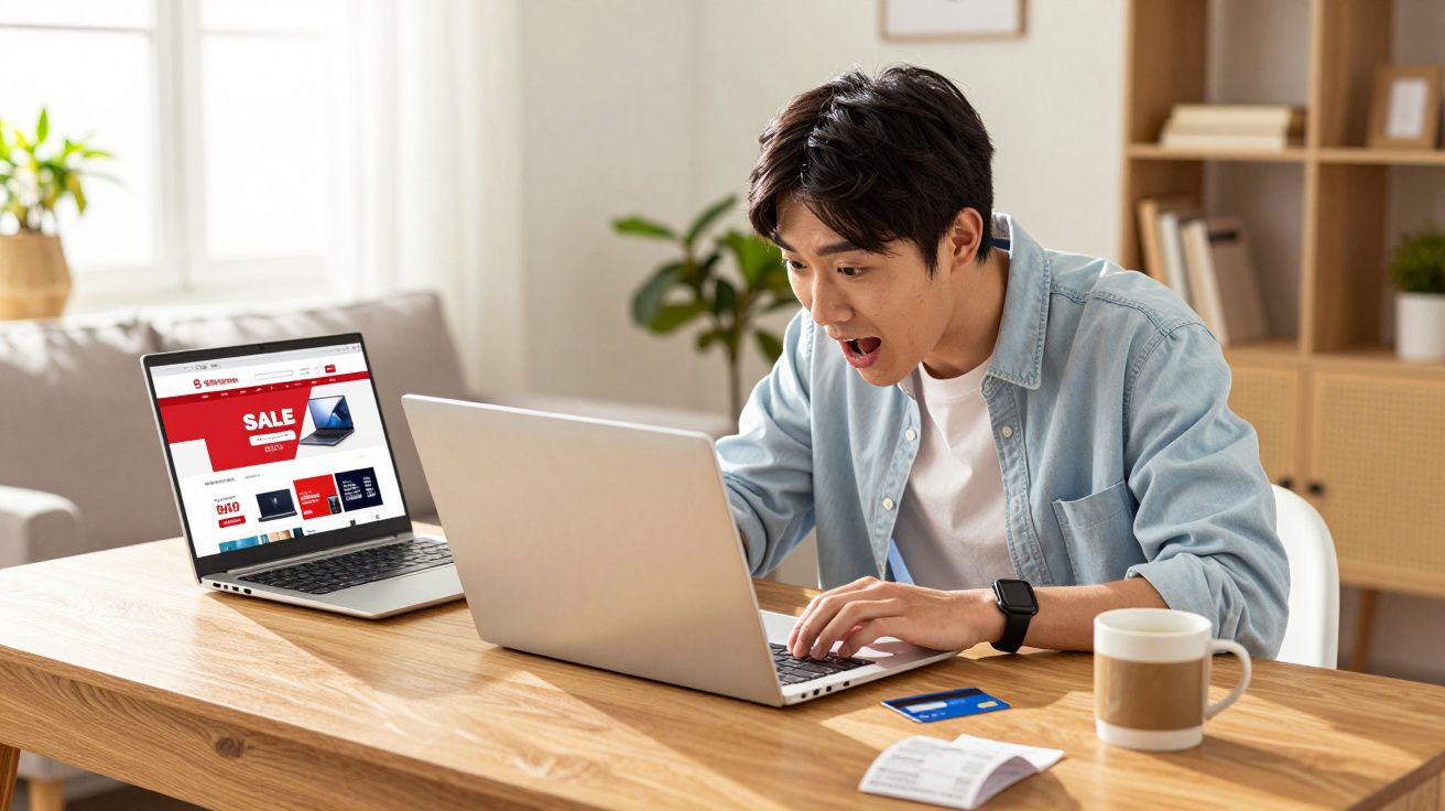 Jovem surpreso fazendo compra online no laptop, com cartão de crédito e nota fiscal sobre a mesa.