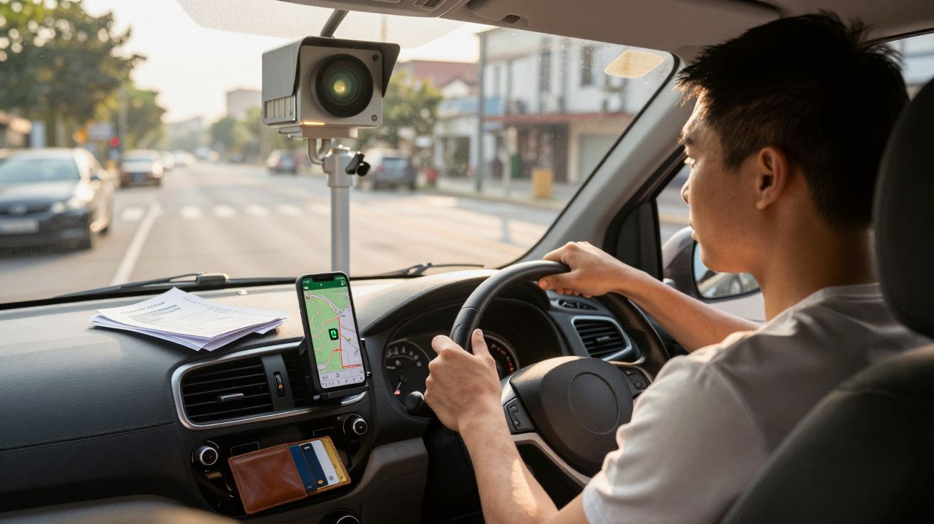 Motorista masculino ao volante, com celular usando aplicativo de GPS no painel do carro em uma rua urbana.