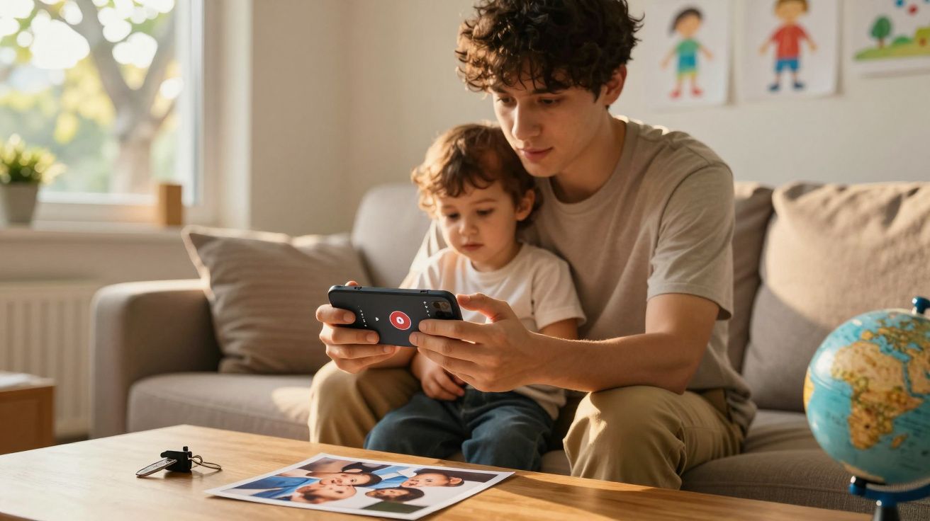 Jovem e criança sentados no sofá assistindo algo no celular em uma sala iluminada.