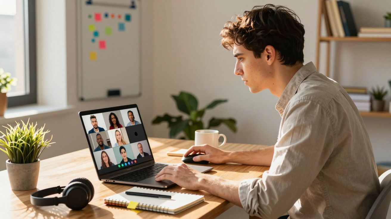 Jovem participando de reunião virtual em laptop, sentado em mesa com caderno, caneta, fone de ouvido e planta.