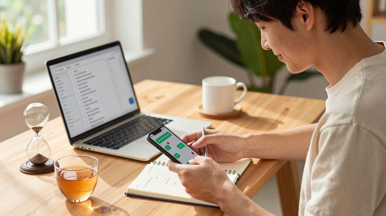 Pessoa usando celular e anotando em caderno, com laptop, xícara e copo de chá sobre mesa de madeira.