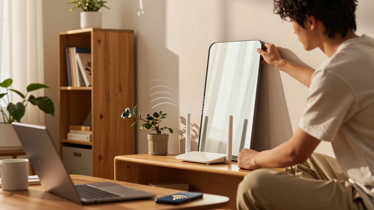 Pessoa ajusta roteador wifi em mesa próxima a laptop, celular, planta e estante em ambiente com iluminação natural.