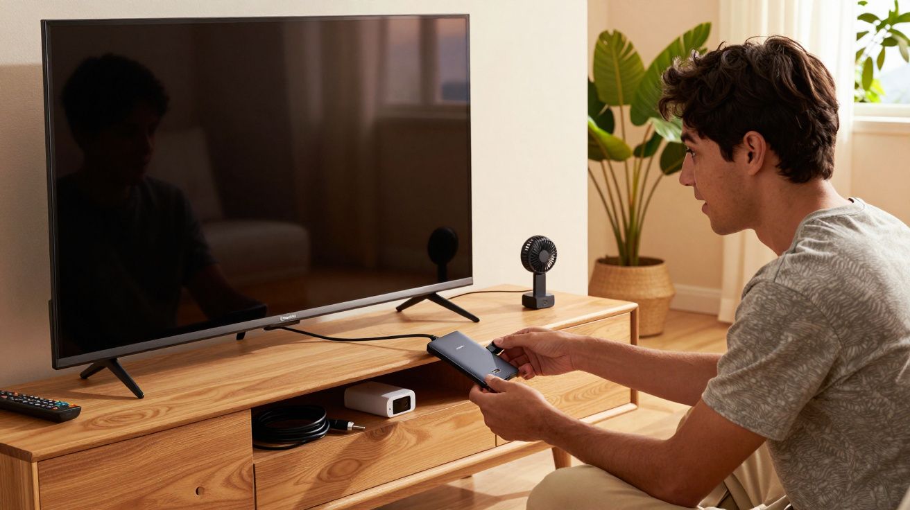 Homem sentado segurando controle remoto próximo à TV em rack de madeira com ventiladores e planta ao fundo.