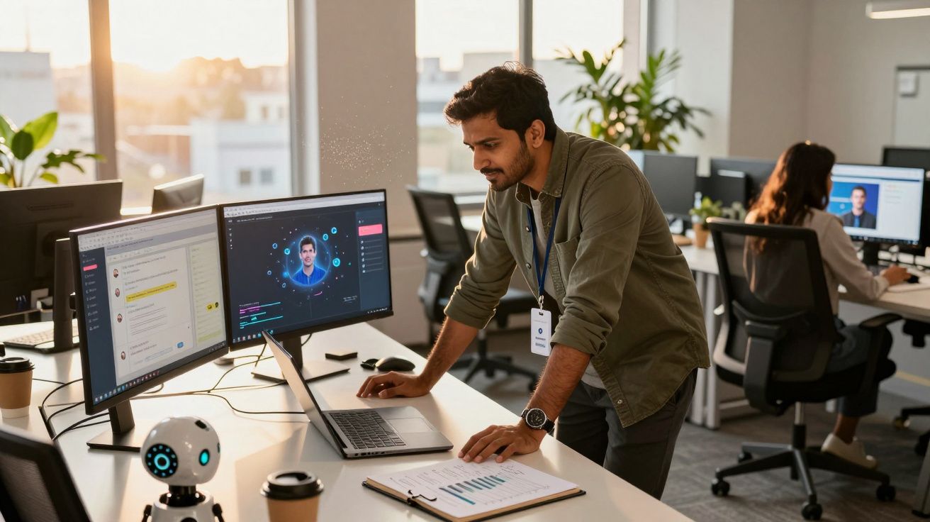 Homem trabalhando com laptop e monitores em escritório moderno com foco em tecnologia e IA.