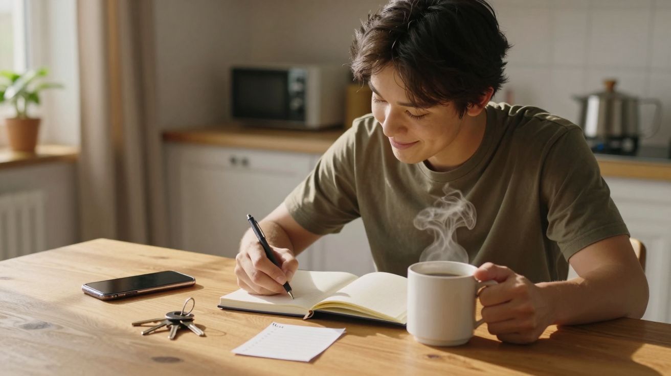 Jovem sentado à mesa escrevendo em caderno e segurando caneca com bebida quente na cozinha.