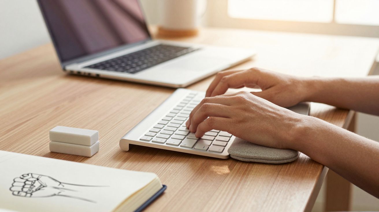 Mãos digitando em teclado sem fio numa mesa de madeira, com notebook e desenho de mão ao lado.