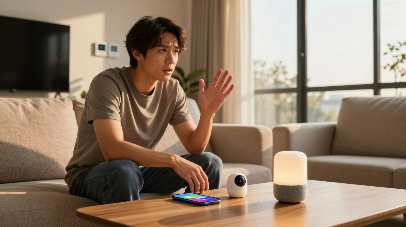 Homem sentado no sofá interagindo com dispositivos de assistente virtual em sala iluminada.