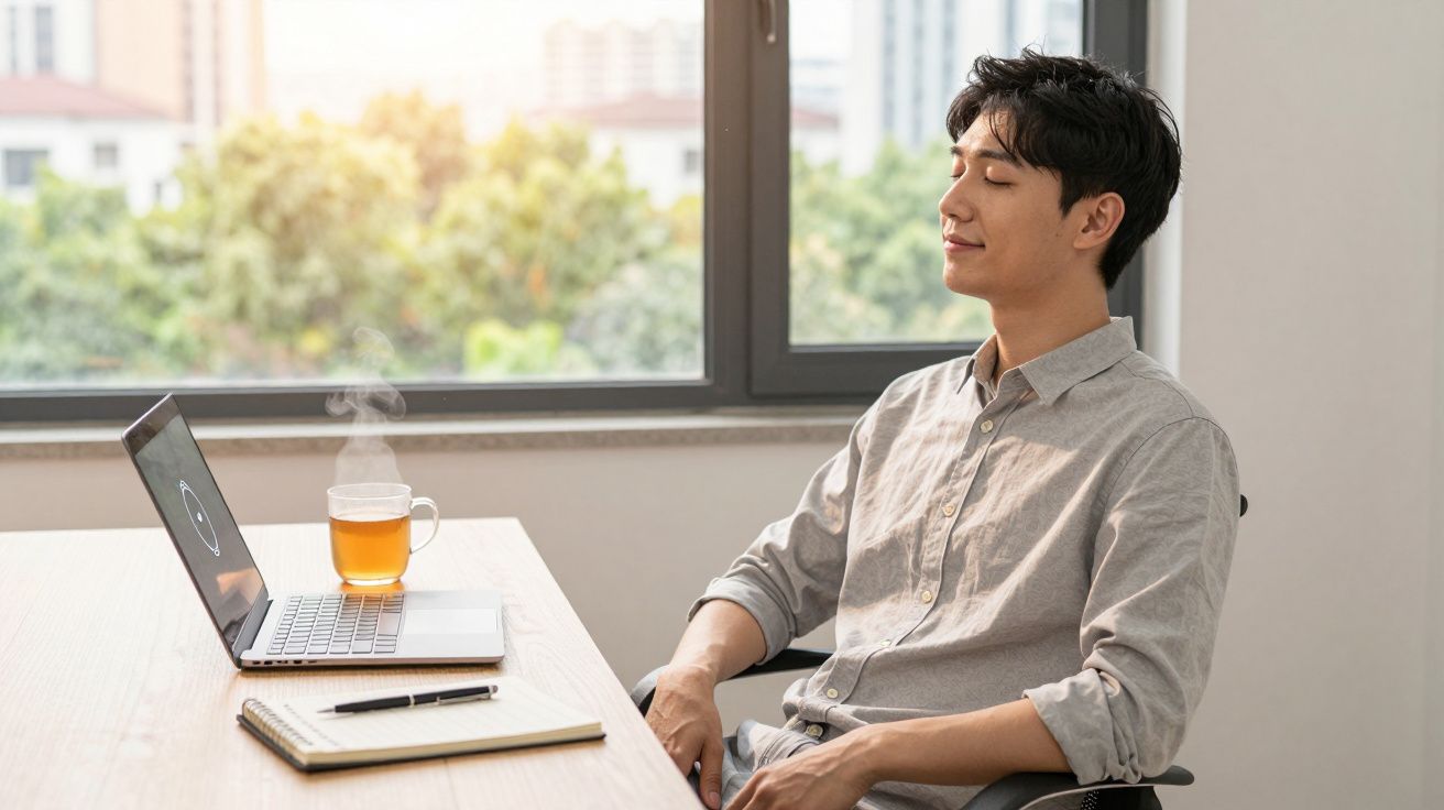 Homem sorrindo de olhos fechados sentado em cadeira diante de mesa com notebook, chá e caderno perto da janela.