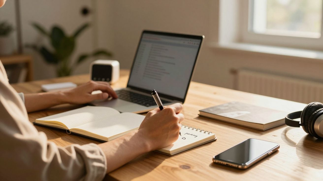 Pessoa escrevendo em um caderno com laptop aberto, celular e fones de ouvido sobre a mesa de madeira.