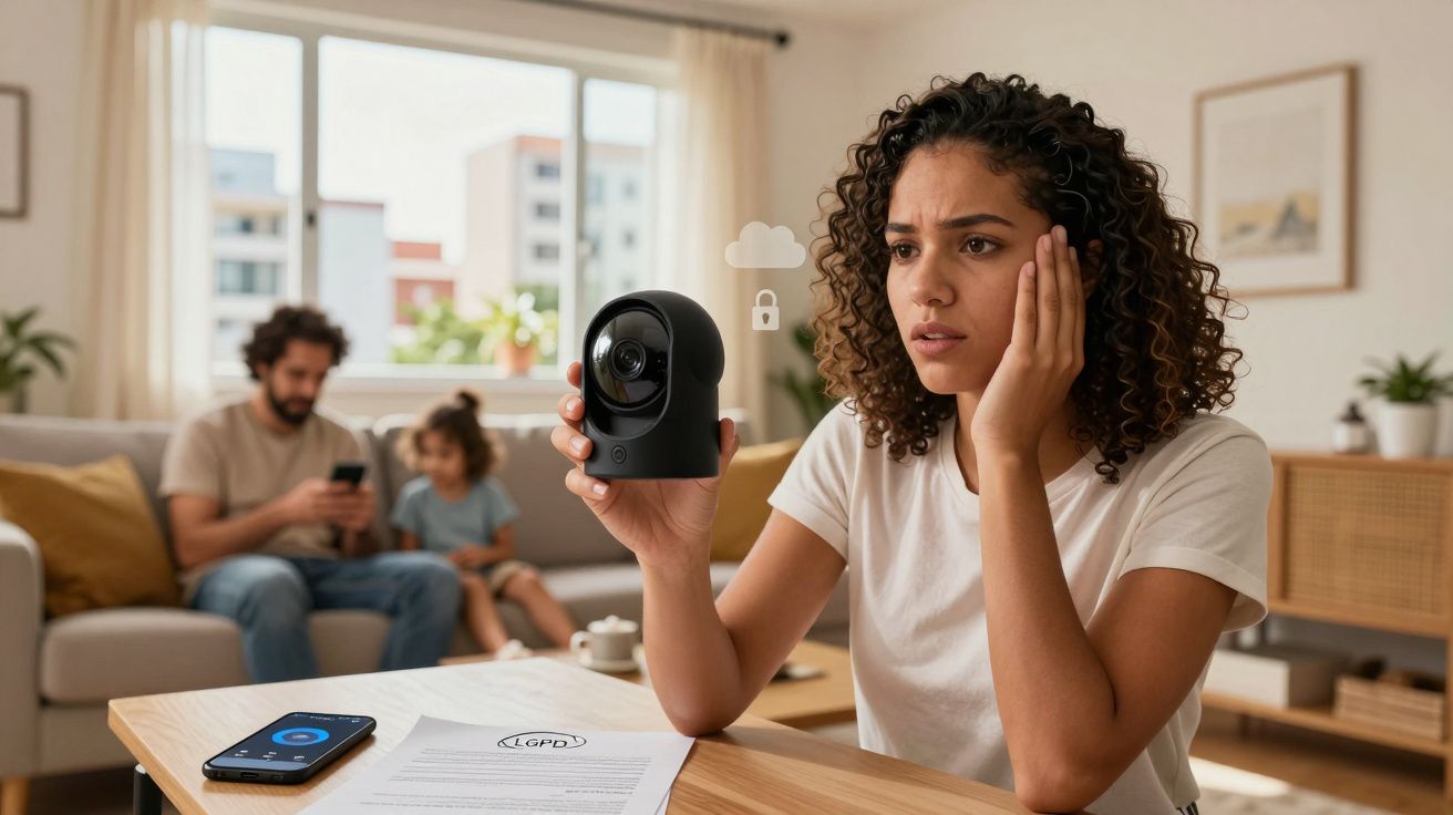 Mulher preocupada segurando câmera de segurança com família ao fundo em sala de estar.