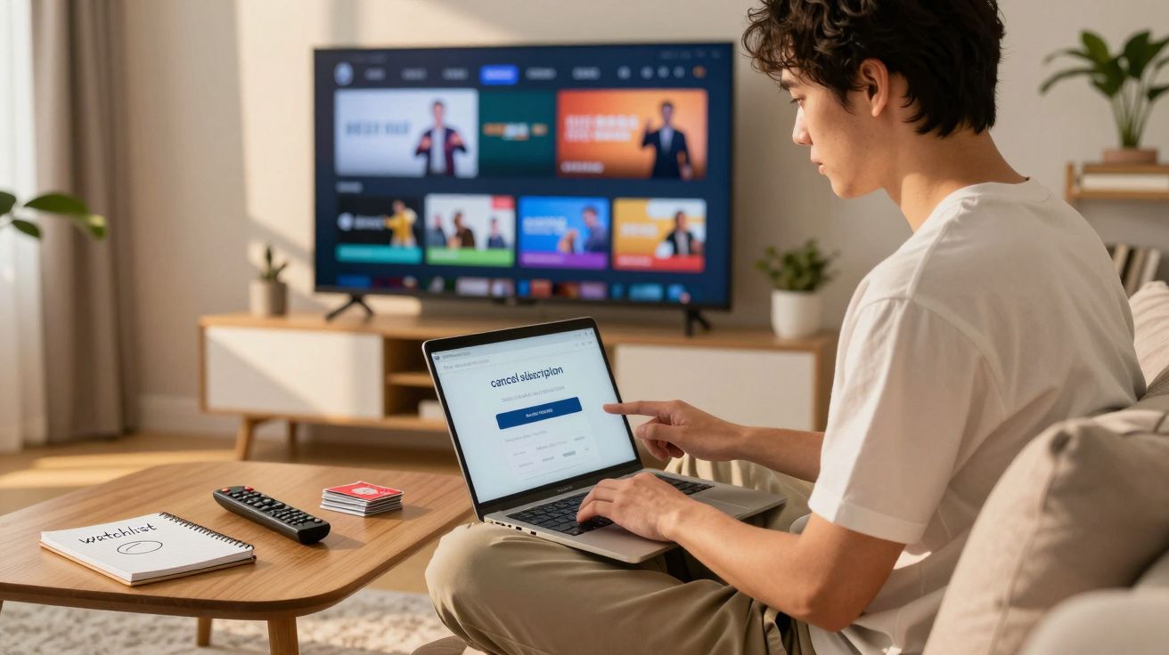 Pessoa sentada no sofá usando notebook para cancelar assinatura de serviço de streaming na sala.