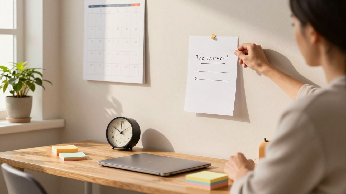 Pessoa pendura papel com lista em parede acima de mesa com notebook, relógio e bloco de notas.