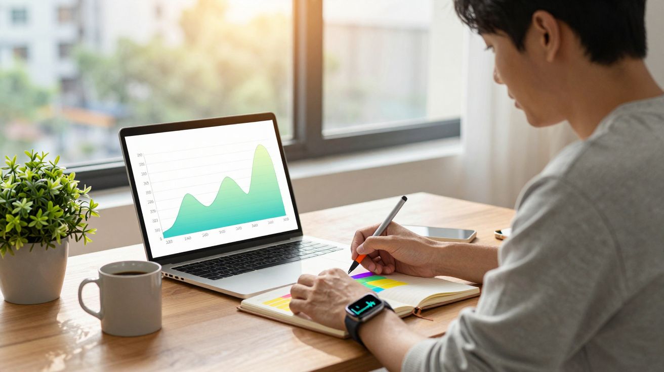 Pessoa usando relógio inteligente escrevendo em caderno com gráficos, laptop e xícara sobre mesa perto da janela.