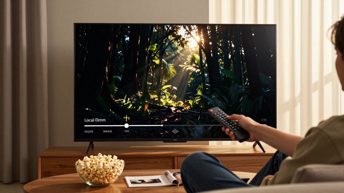 Pessoa assistindo TV com controle remoto, tela mostra floresta iluminada e tigela de pipoca na mesa.