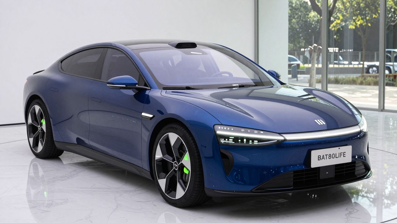 Carro elétrico azul em exposição, com design moderno e aerodinâmico em ambiente interno iluminado.