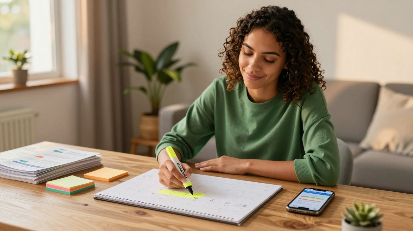Mulher sorrindo marca datas em agenda com marcador amarelo em mesa com celular e blocos de nota.