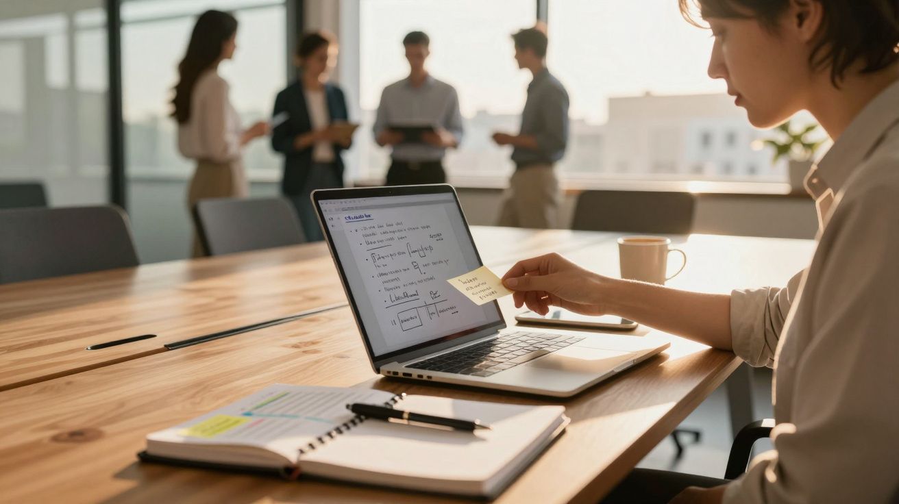 Pessoa trabalhando em laptop com grupo conversando ao fundo em sala de reunião iluminada.