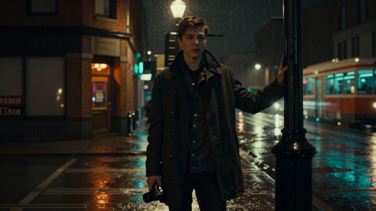 Jovem com casaco escuro segurando câmera, encostado em poste sob chuva à noite na rua molhada e iluminada.