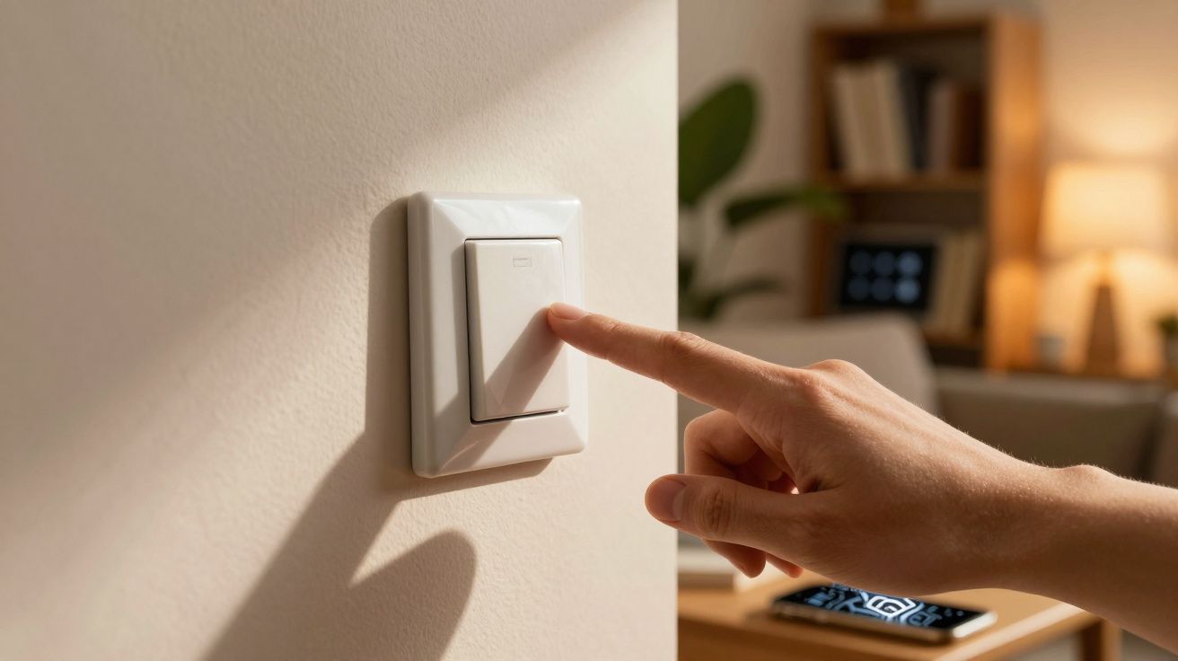 Mão pressionando interruptor de luz branco em parede clara com ambiente doméstico desfocado ao fundo.