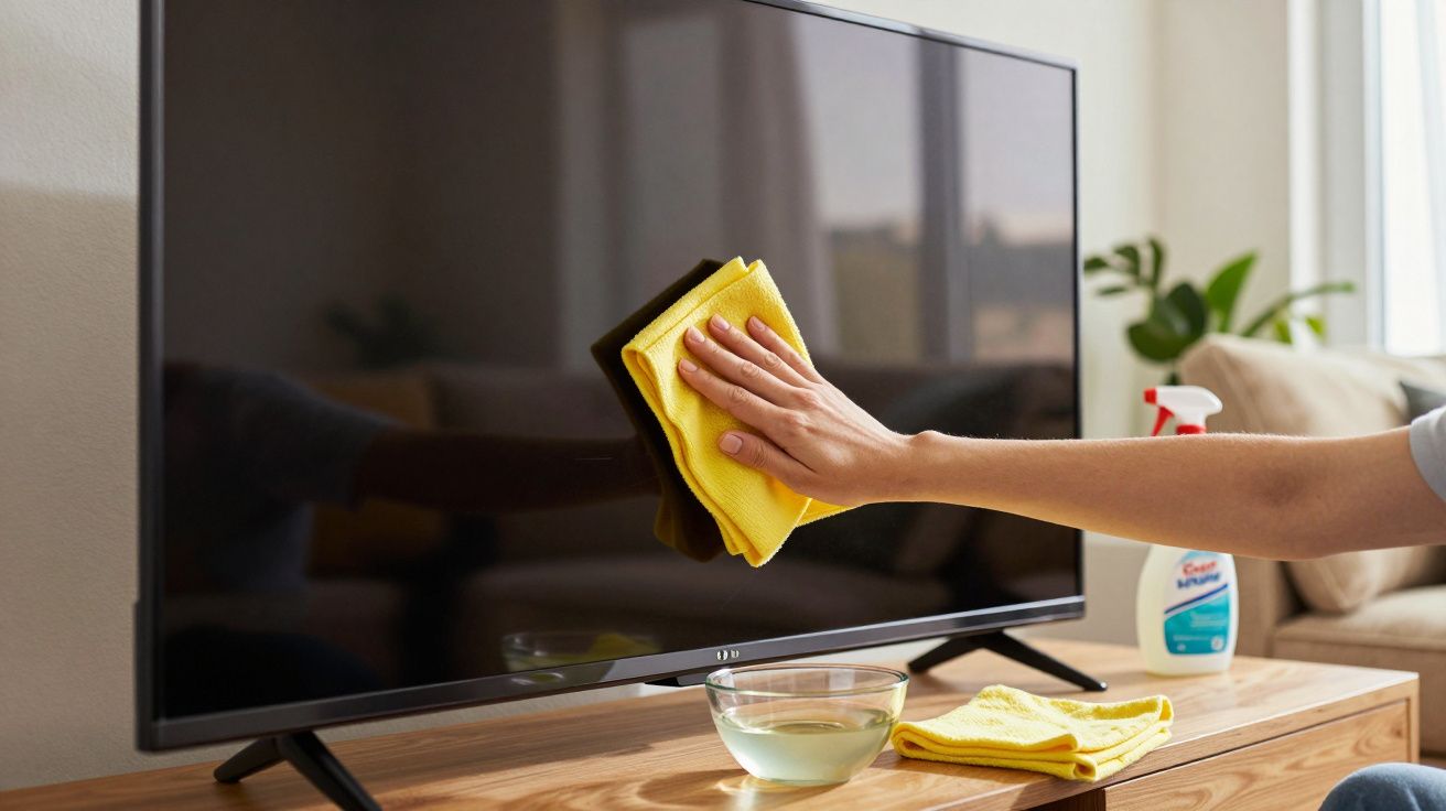Pessoa limpando a tela de uma TV com pano amarelo em sala de estar com sofá e planta.