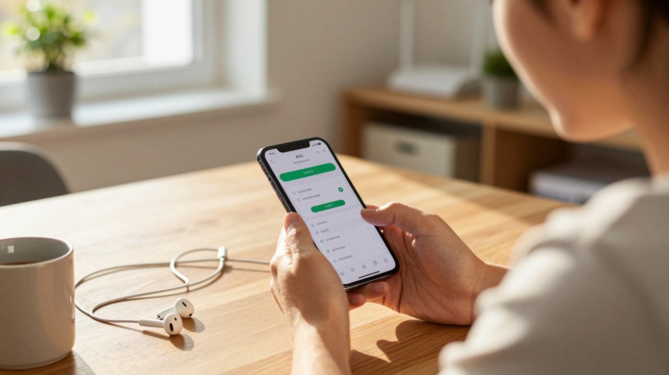Pessoa usando smartphone com aplicativo aberto, fones de ouvido e caneca sobre mesa de madeira.