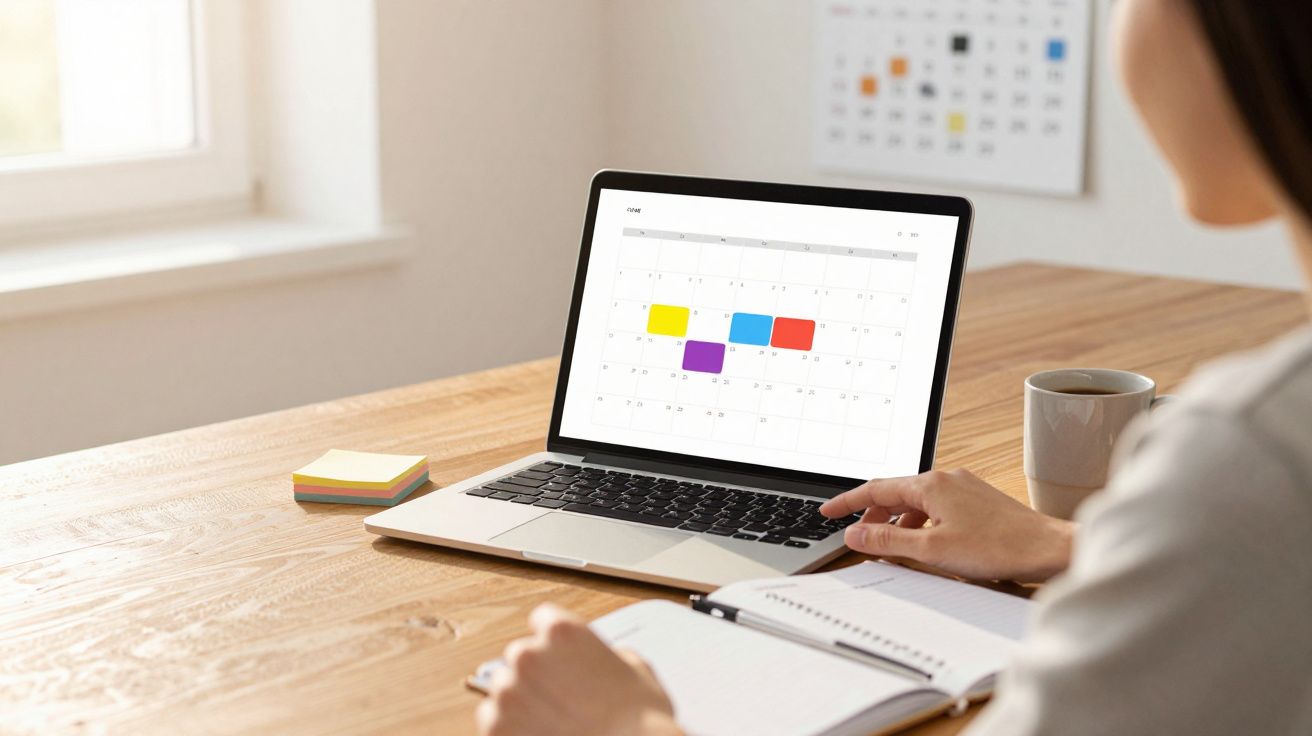 Pessoa usando notebook com calendário digital aberto em mesa de madeira, com caderno e caneca ao lado.