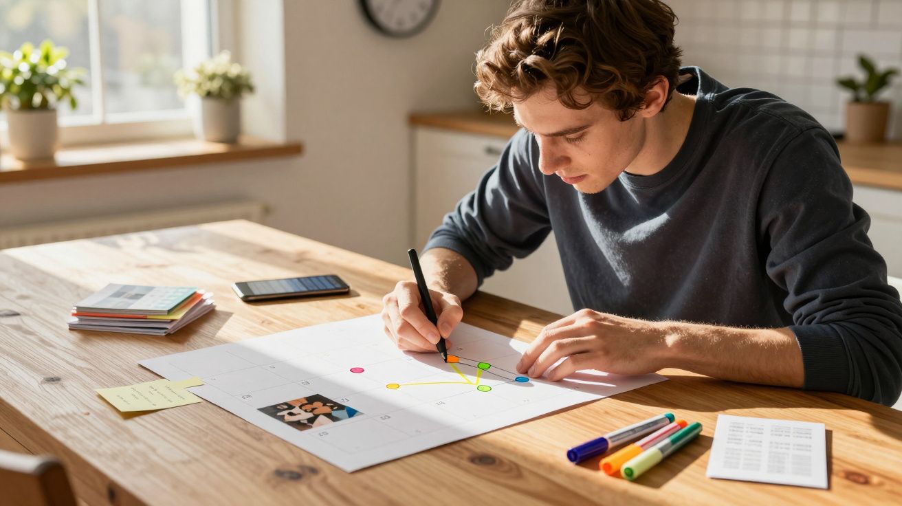 Jovem desenhando conexões coloridas em calendário sobre mesa com marcadores e celular ao lado.