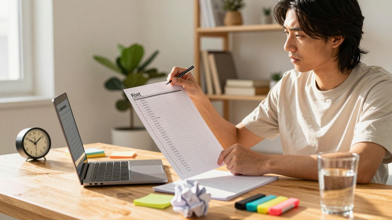 Jovem sentado à mesa de trabalho revisa documento com laptop, caneta, bloco de notas e copo d'água.