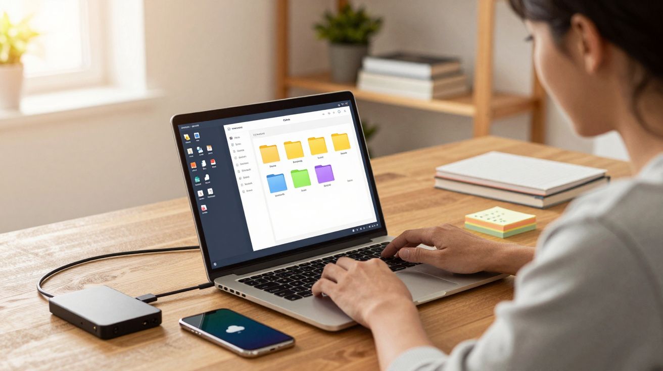 Pessoa digitando em notebook com arquivos de pastas coloridas abertas na tela, sobre mesa de madeira.