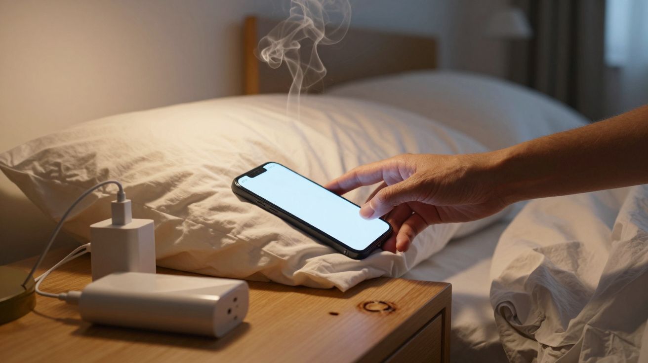 Mão segurando celular fumegante próximo à cama com carregador e power bank sobre o criado-mudo de madeira.