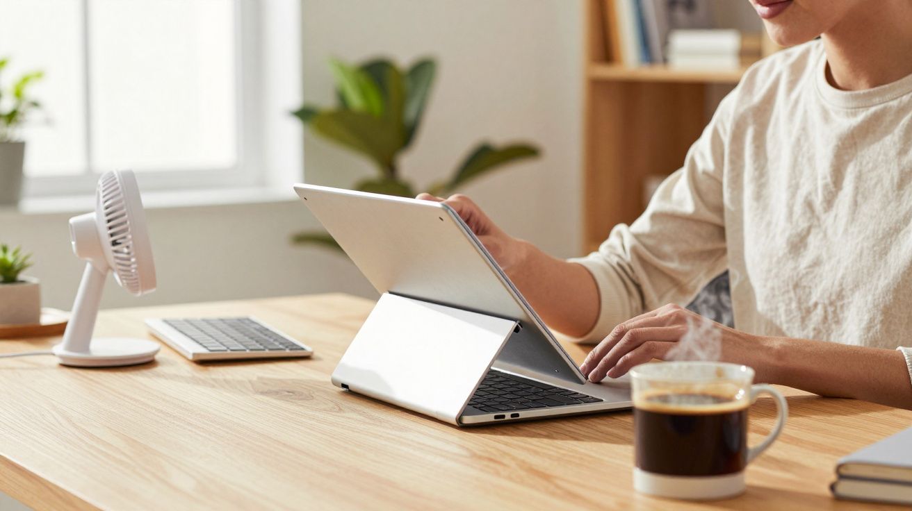 Pessoa usando tablet com teclado em mesa de madeira, com xícara de café e ventilador ao lado.