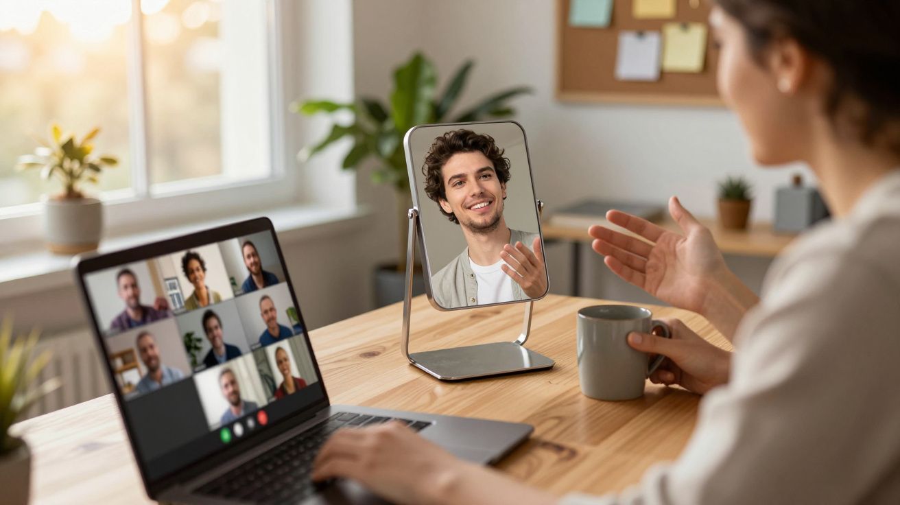Mulher fazendo chamada de vídeo com várias pessoas e falando com homem refletido em espelho na mesa.