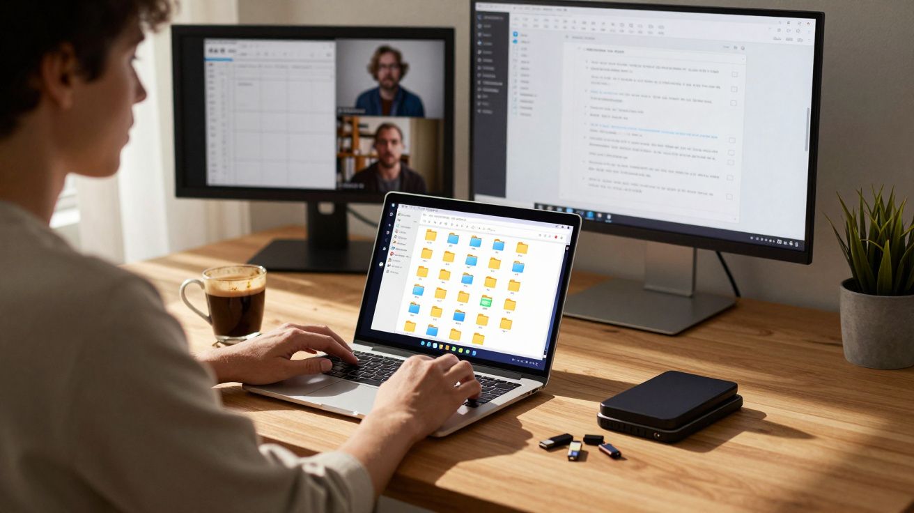 Pessoa trabalhando em laptop com duas telas extras, participando de videoconferência e tomando café.