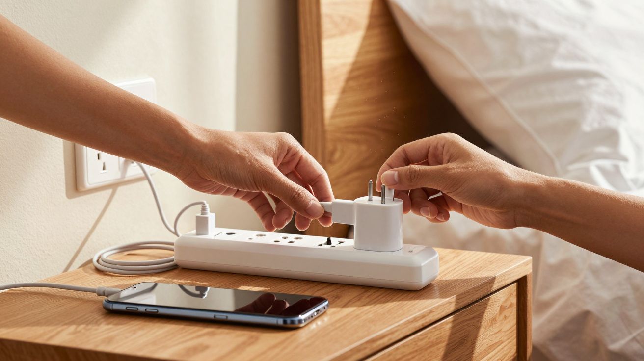 Duas mãos conectando um carregador branco a uma régua de energia sobre mesa de madeira com celular ao lado.