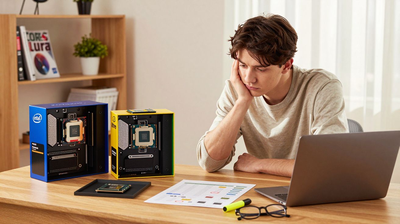 Jovem sentado à mesa com processadores Intel, laptop, papel com gráficos e caneta fluorescente.