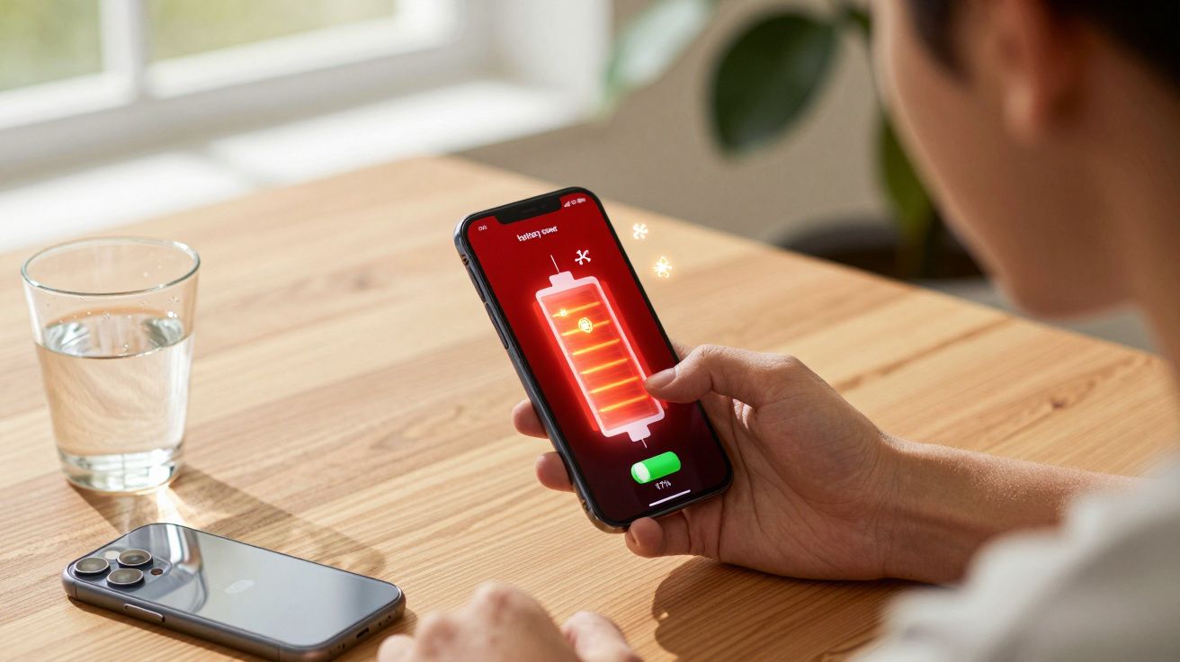 Pessoa segurando smartphone com ícone de bateria vermelha quase vazia na tela, sobre mesa de madeira.