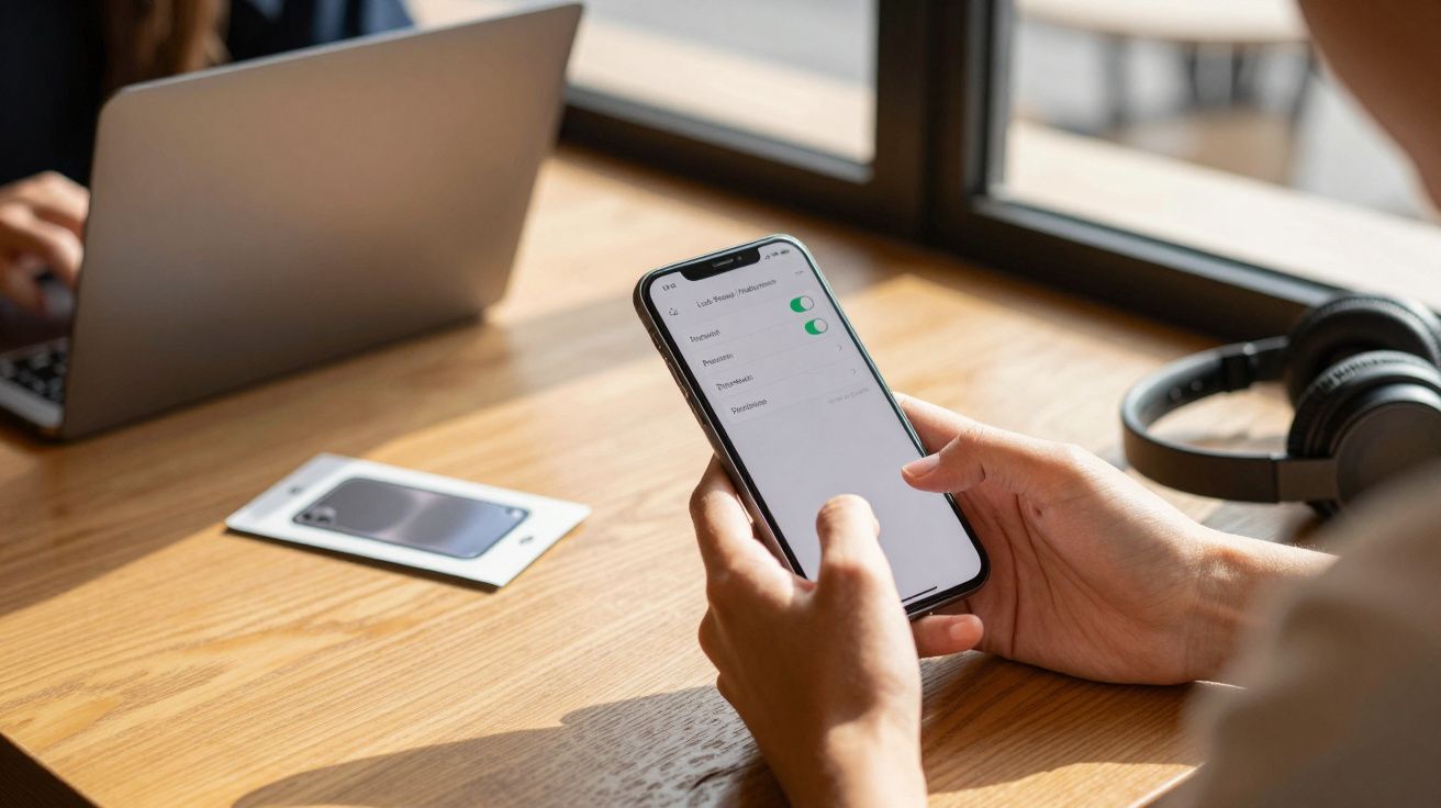 Pessoa segurando smartphone com configurações abertas, mesa de trabalho com laptop, headphone e outra caixa de celular.