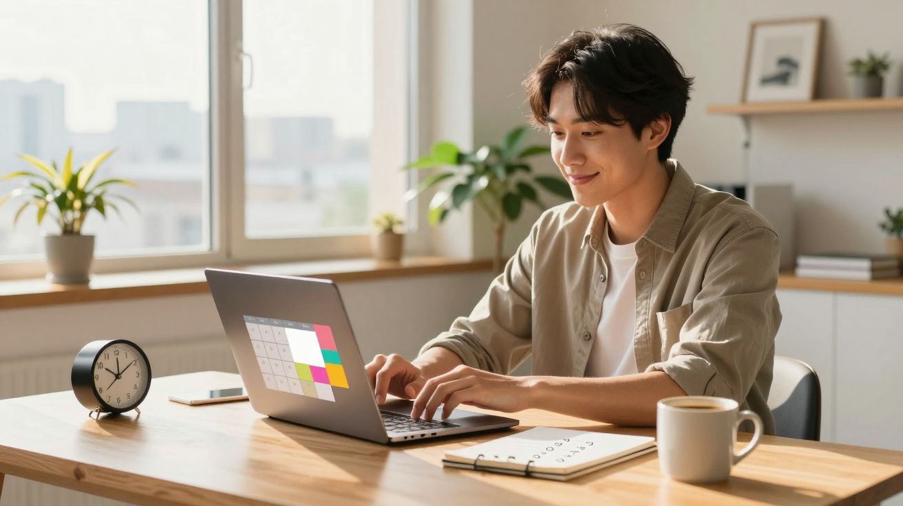 Homem sorrindo trabalhando em laptop numa mesa, com caderno, caneca e relógio ao lado, em ambiente iluminado.